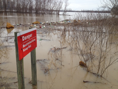 Danger sign at the flooded Falls of the Ohio, March 9, 2015